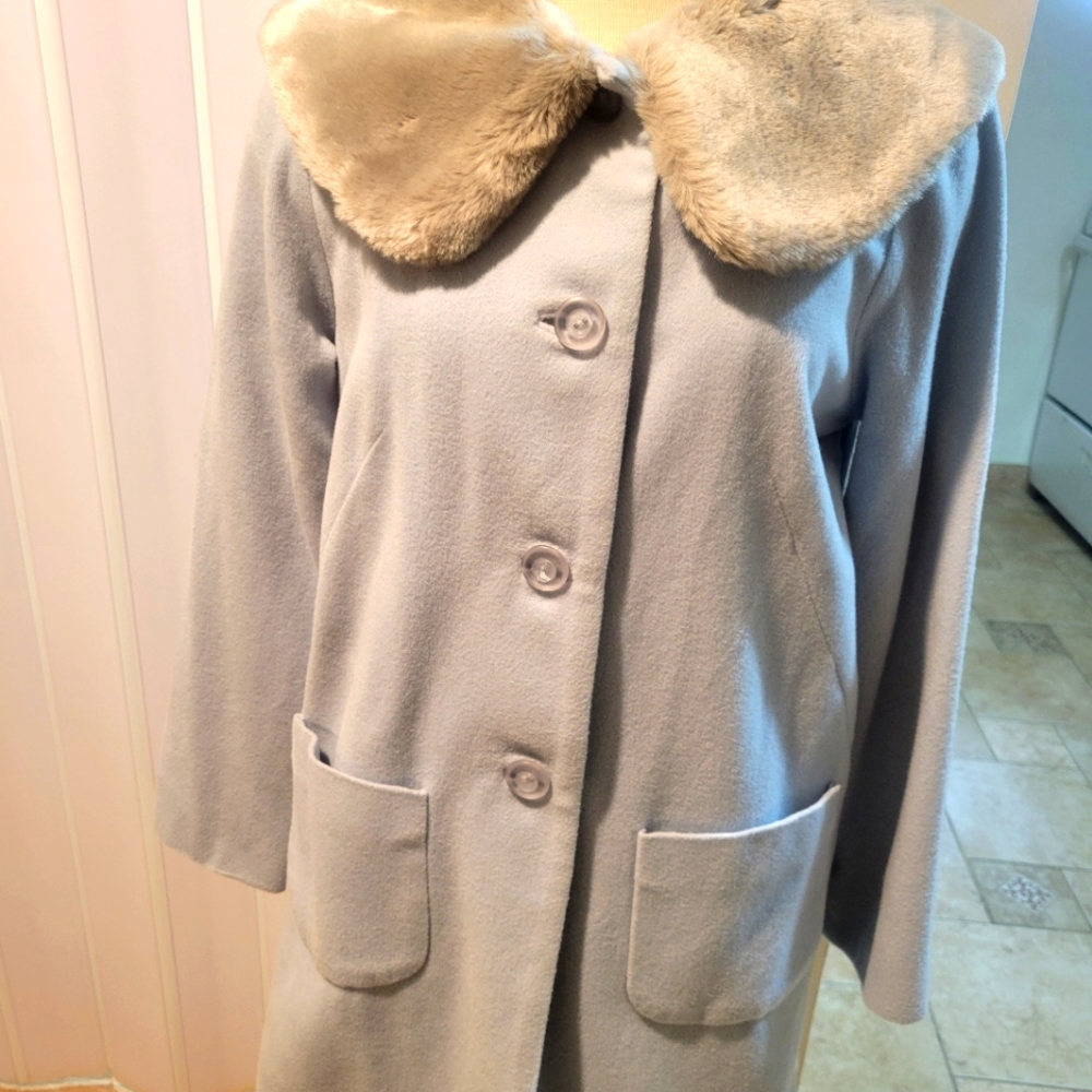 Odille Light Gray Pea Coat with Tan Fur Collar
